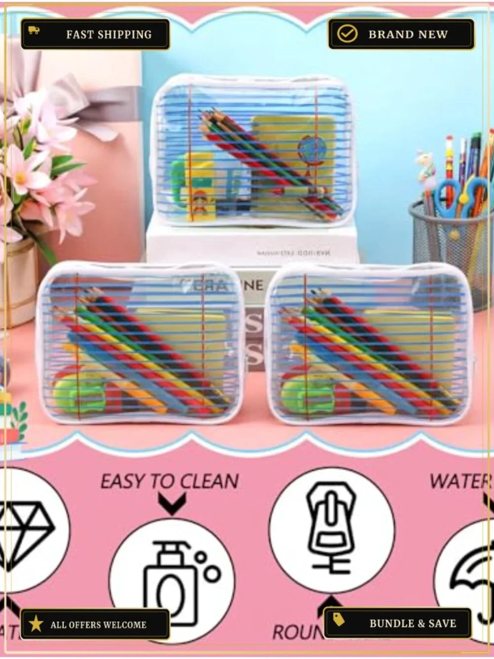 12 Clear PVC Waterproof Cosmetic Pouch Bags for Teachers, Bulk Back to School